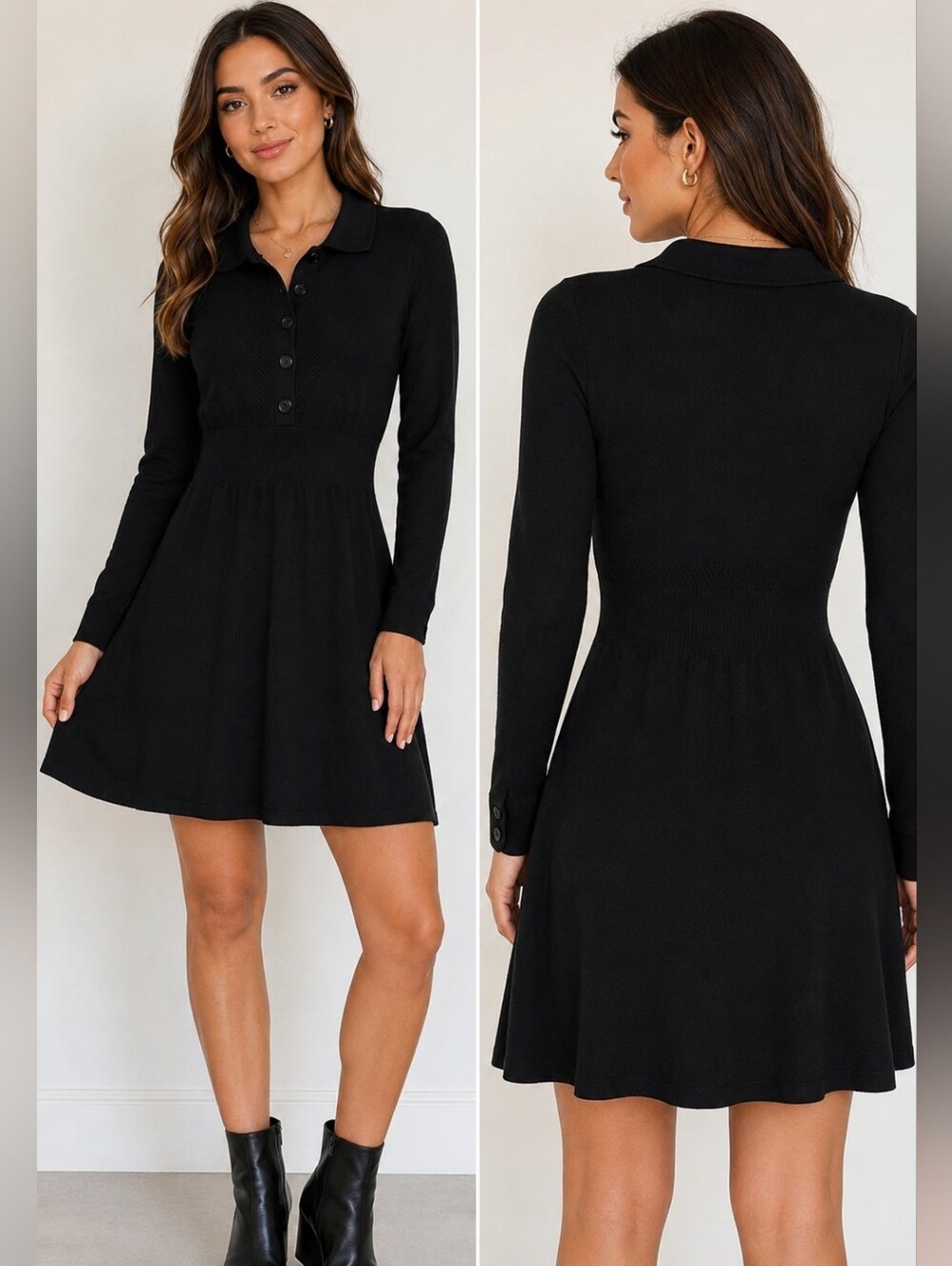 Banana Republic Black Long Sleeve Polo Sweater Dress Wool Blend